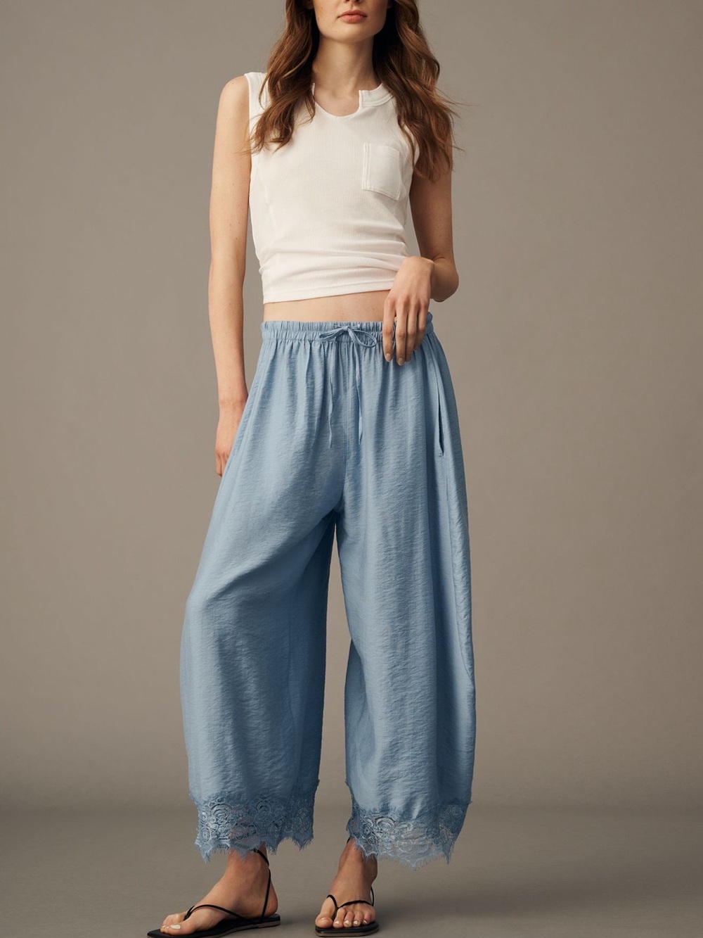 Anthropologie Wide Leg Lace-Hem Pants in Light Blue